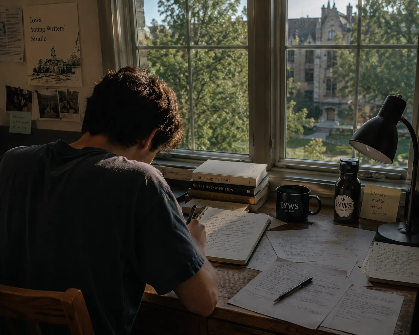 Student writing in a notebook at a desk by a window overlooking a stone campus building, with an Iowa Young Writers' Studio poster, IYWS mug, and craft books