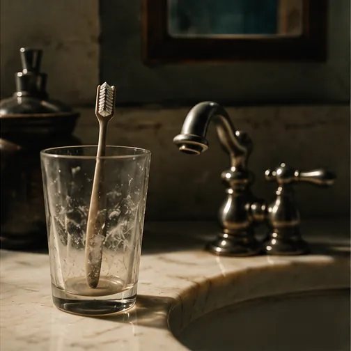 A toothbrush in a worn glass beside an antique bathroom faucet, in warm low light