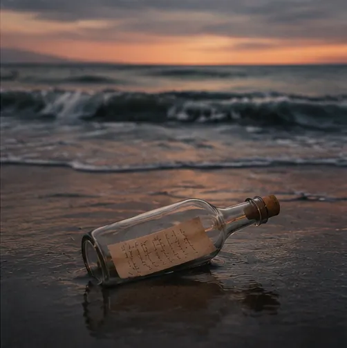 A message in a bottle lying on a dark beach at sunset, with waves behind