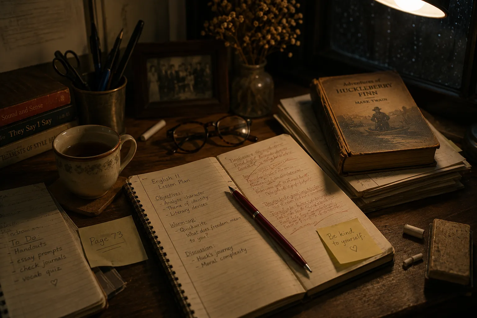A teacher's desk at night with an open English 11 lesson-plan notebook, Adventures of Huckleberry Finn, a mug of tea, glasses, and a note reading "Be kind to yourself"