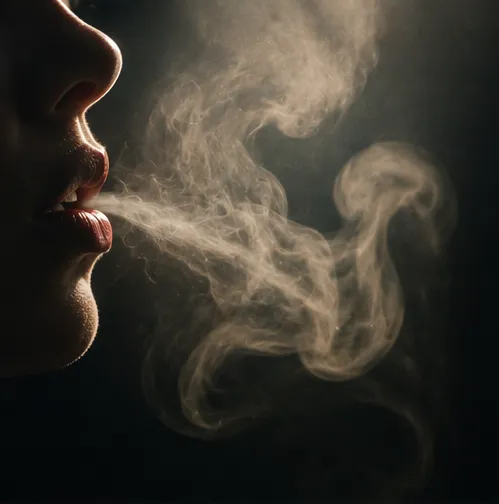 Close-up of a person's lips exhaling a curl of smoke against a dark background