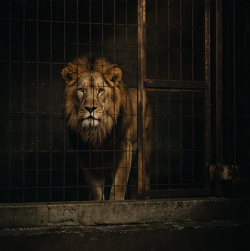 A lion standing behind the metal bars of a dark enclosure