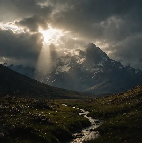 Sunbeams breaking through storm clouds over a snow-capped mountain and a stream in a green valley