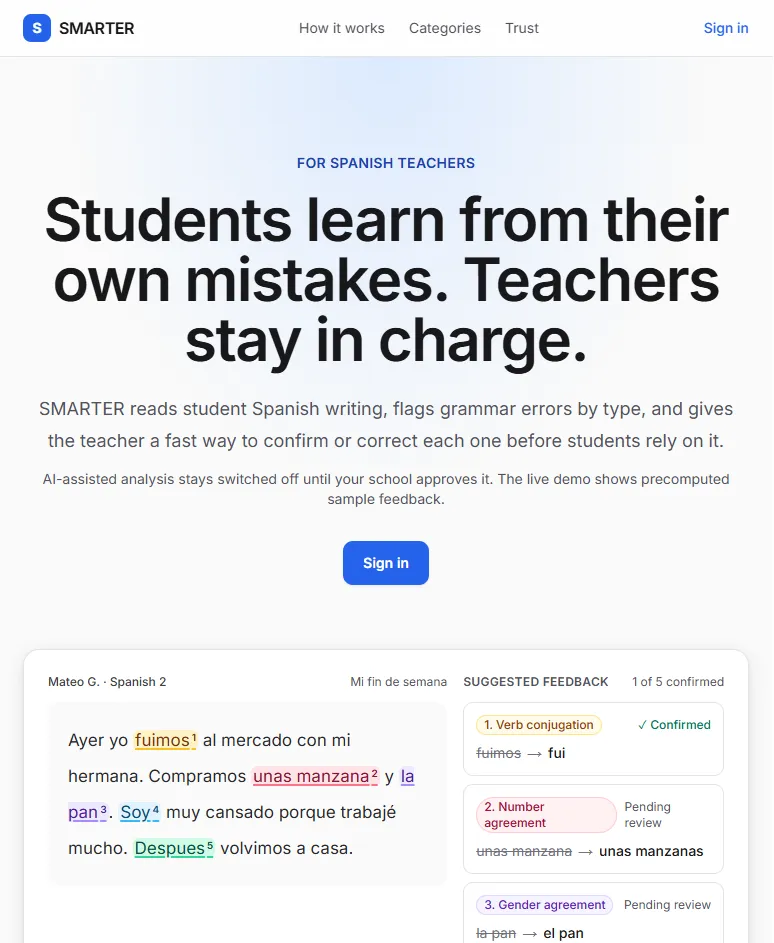 SMARTER website landing page: "Students learn from their own mistakes. Teachers stay in charge," with a sample Spanish essay and suggested grammar corrections