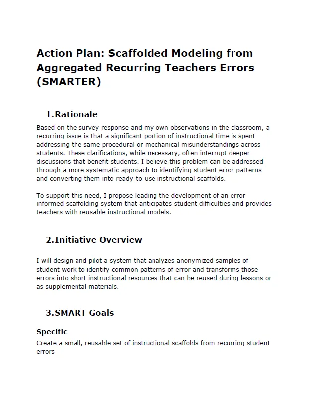 Document titled "Action Plan: Scaffolded Modeling from Aggregated Recurring Teachers Errors (SMARTER)" with Rationale, Initiative Overview, and SMART Goals sections