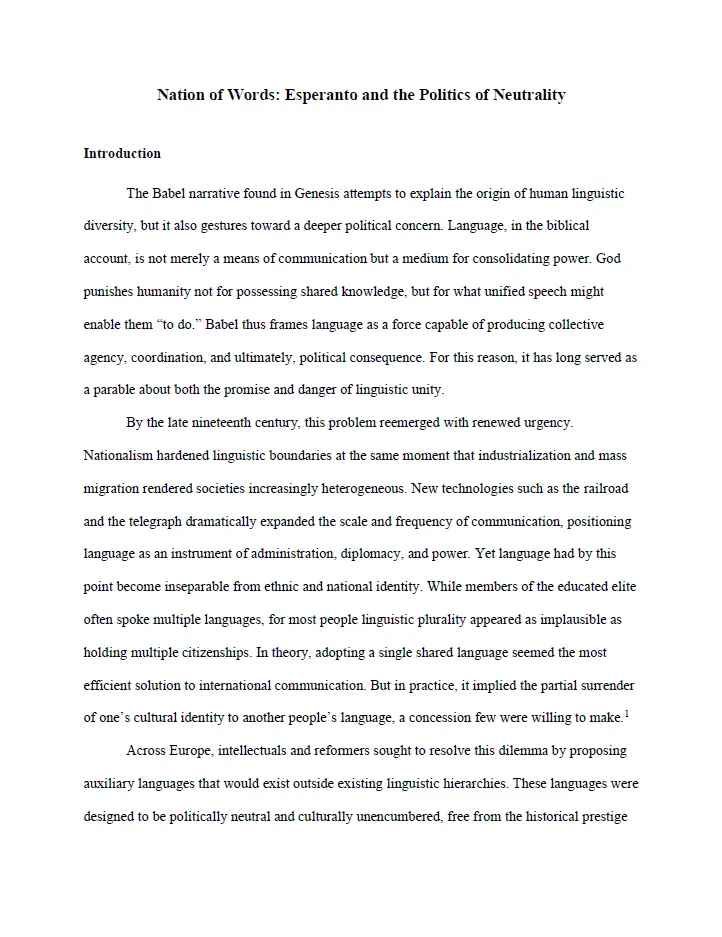 First page of the essay "Nation of Words: Esperanto and the Politics of Neutrality"