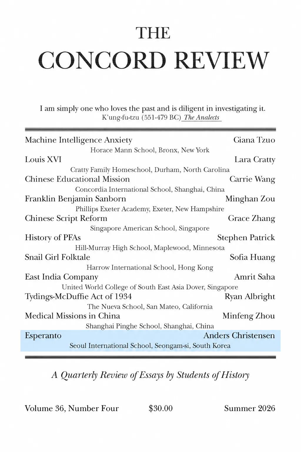Table of contents of The Concord Review, Volume 36, Number Four, Summer 2026, listing Esperanto by Anders Christensen of Seoul International School