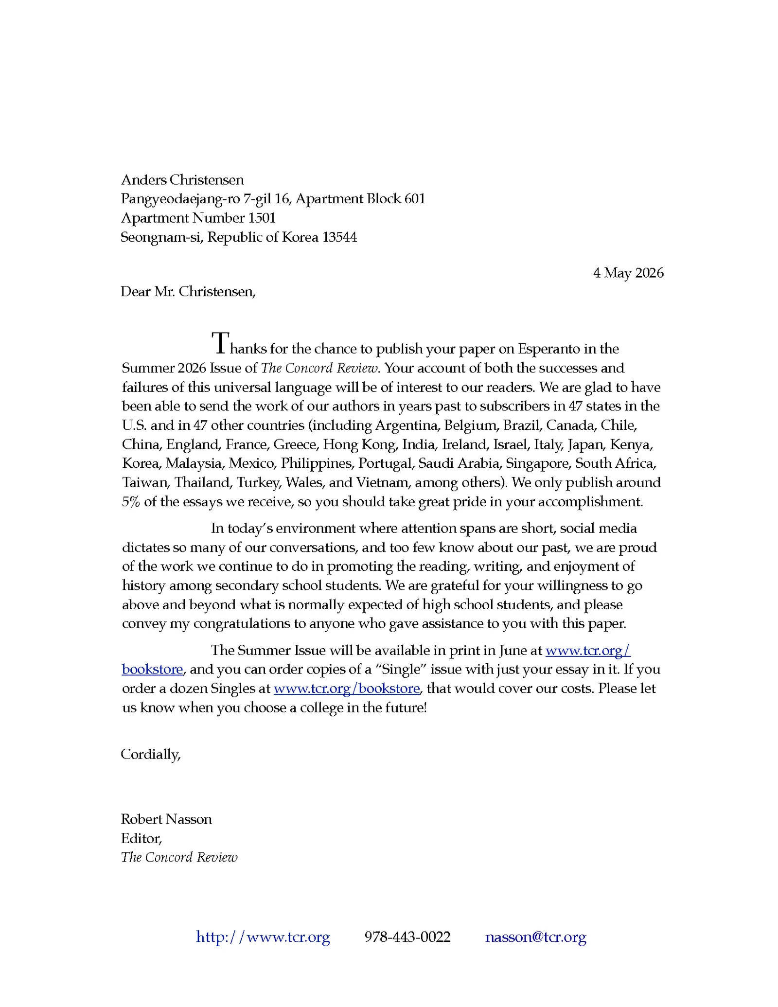 Letter dated 4 May 2026 from editor Robert Nasson accepting Anders Christensen's Esperanto paper for the Summer 2026 issue of The Concord Review