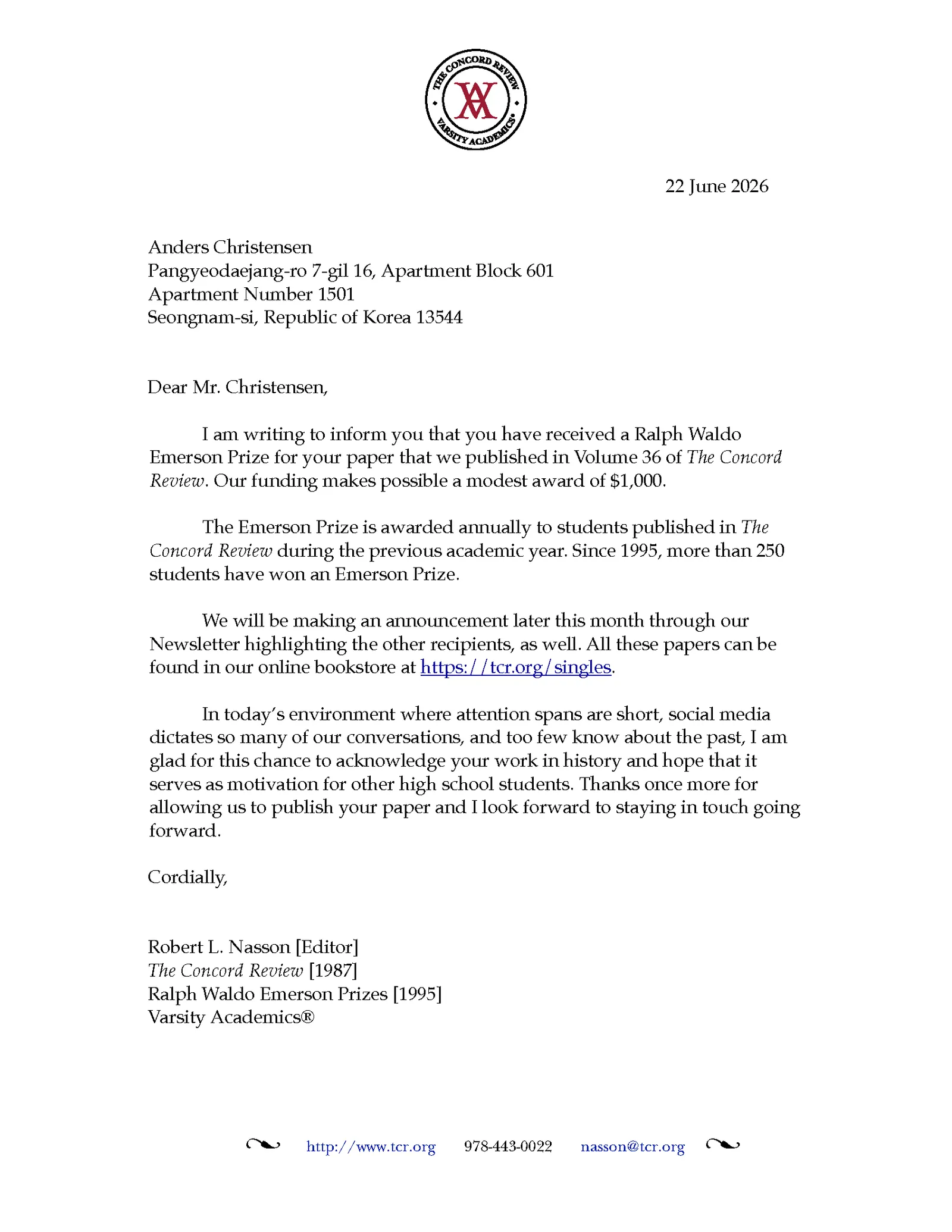 Letter dated 22 June 2026 from The Concord Review awarding Anders Christensen a $1,000 Ralph Waldo Emerson Prize