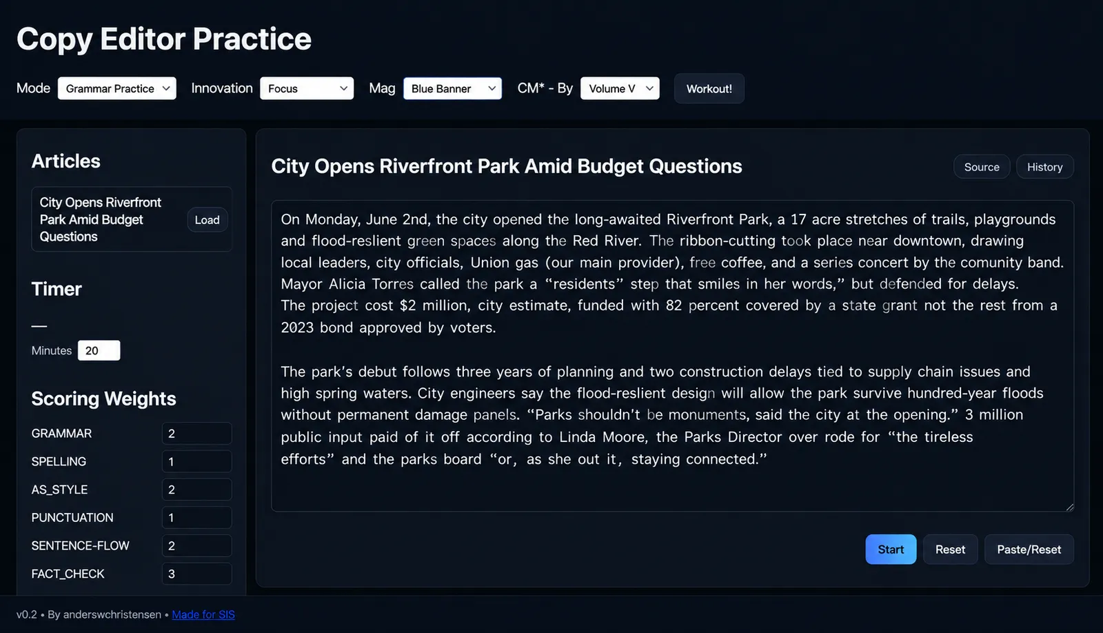 Screenshot of the Copy Editor Practice web app with a news article to correct and scoring weights for grammar, spelling, style, punctuation, and fact-checking