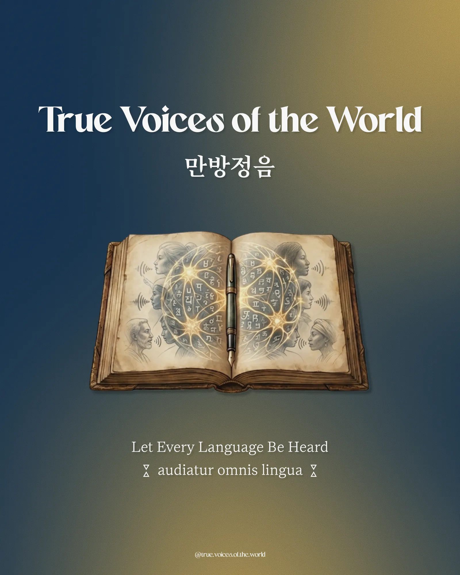 True Voices of the World cover with an open illustrated book of faces and scripts, motto "Let Every Language Be Heard"